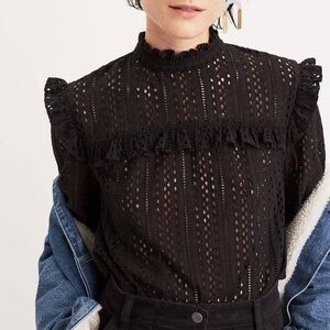 Madewell Elegant Black Lace Ruffle Long Sleeve Top Blouse